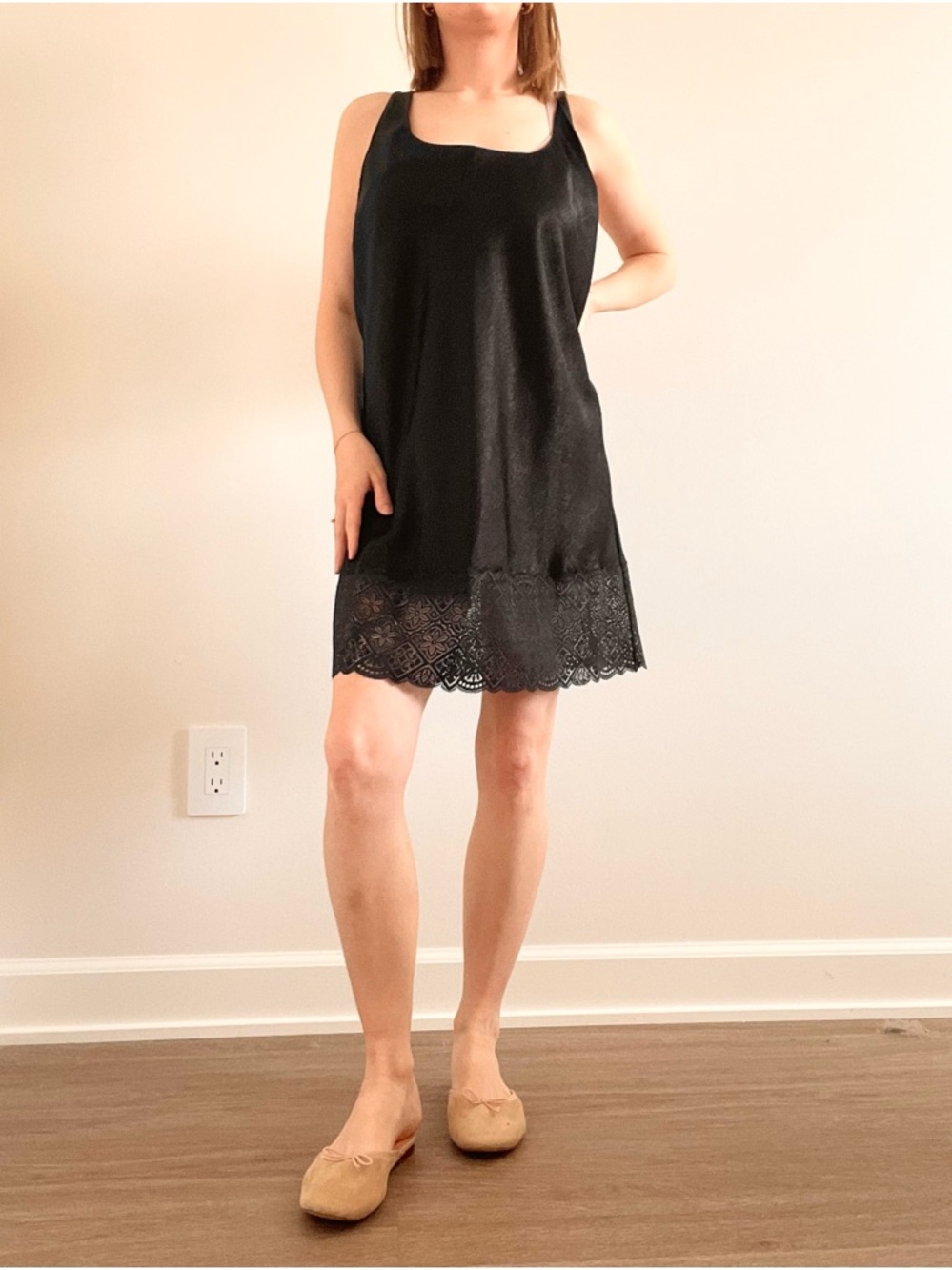Vintage Victoria's Secret Black Satin Slip with Lace Hem